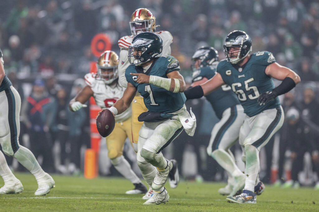 Jalen Hurts Philadelphia Eagles quarterback Jalen Hurts (1) rolls out against the San Francisco 49ers in an NFL football game, Sunday, Dec. 3, 2023, in Philadelphia, PA.