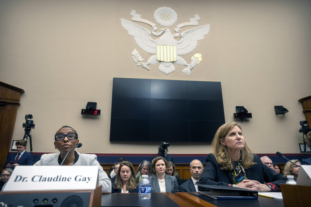 Harvard President Claudine Gay, left, speaks as University of Pennsylvania President Liz Magill listens during a hearing of the House Committee on Education on Capitol Hill, Tuesday, Dec. 5, 2023 in Washington.