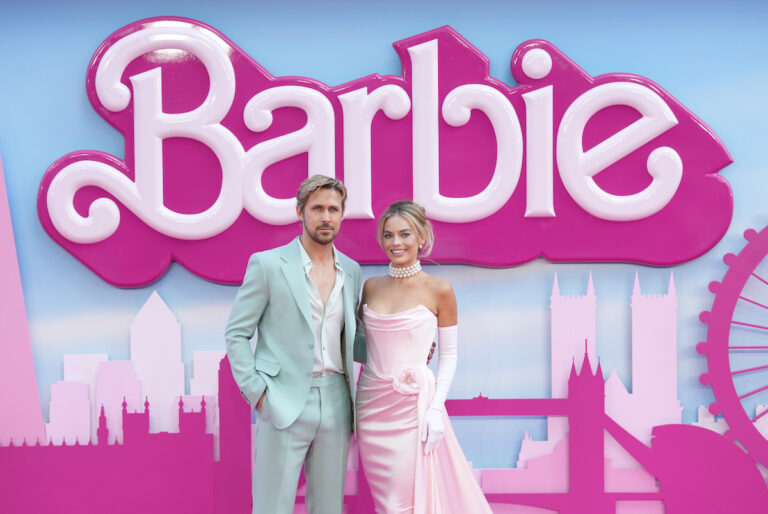 Ryan Gosling (left) and Margot Robbie pose for photographers upon arrival at the premiere of the film ''Barbie'' on July 12, 2023, in London.