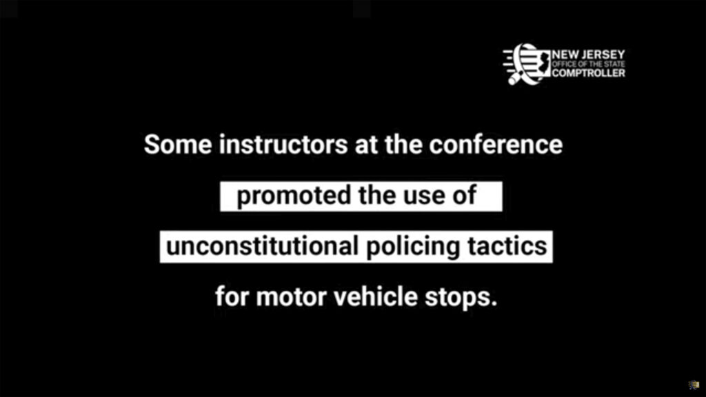 NJ–Police Training Investigation This still image provided by New Jersey State Comptroller Office shows a graphic from the NJ State Comptrollers Office report regarding a police training video. An October 2021 police training seminar in New Jersey, instructors made lewd comments about women, encouraged officers to pull people over for no reason and showed a photo of a monkey after discussing pulling over a 75-year-old Black man, according to a new state comptroller's report.” (New Jersey State Comptroller Office via AP)