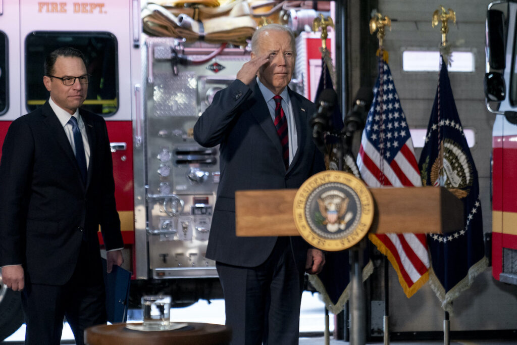 Joe BidenJosh Shapiro President Joe Biden, accompanied by Pennsylvania Gov. Josh Shapiro (left) salutes firefighters in the audience as he arrives at Engine 13 in Philadelphia, Monday, Dec. 11, 2023, for an event recognizing that the city of Philadelphia is receiving a 22.4 million dollar SAFER Grant, that enables the Philadelphia Fire Department to reopen three fire companies. (AP Photo/Andrew Harnik)