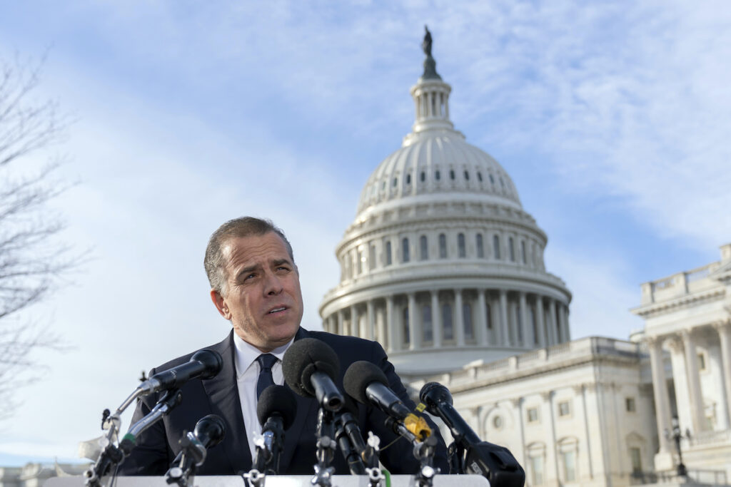 Hunter Biden, son of President Joe Biden, talks to reporters at the U.S. Capitol, in Washington, Wednesday, Dec. 13, 2023. Hunter Biden lashed out at Republican investigators who have been digging into his business dealings, insisting outside the Capitol he will only testify before a congressional committee in public. (AP Photo/Jose Luis Magana)