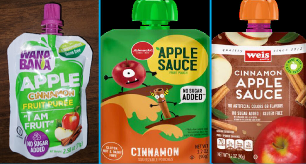 Fruit Pouch Lead This image provided by the U.S. Food and Drug Administration on Thursday, Nov. 17, 2023, shows three recalled applesauce products - WanaBana apple cinnamon fruit puree pouches, Schnucks-brand cinnamon-flavored applesauce pouches and variety pack, and Weis-brand cinnamon applesauce pouches. U.S. food inspectors found “extremely high” lead levels in cinnamon at a plant in Ecuador that made applesauce pouches tainted with the metal. The recalled pouches have been linked to dozens of illnesses in U.S. kids. The FDA said Monday, Dec. 18, 2023, the agency is continuing to investigate. (FDA via AP)