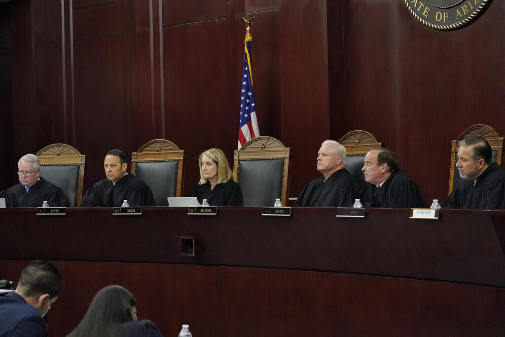 William G. Montgomery, John R Lopez IV, Vice Chief Justice Ann A. Scott Timmer, Chief Justice Robert M. Brutinel, Clint Bolick and James Beene Arizona Supreme Court Justices from left; William G. Montgomery, John R Lopez IV, Vice Chief Justice Ann A. Scott Timmer, Chief Justice Robert M. Brutinel, Clint Bolick and James Beene listen to oral arguments