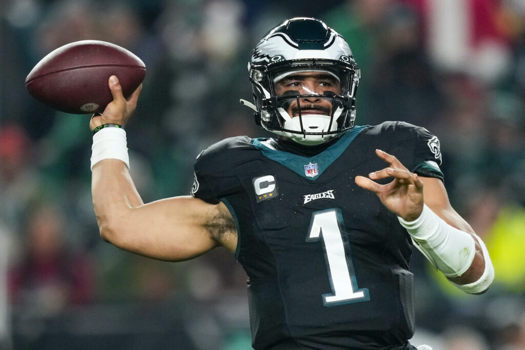 Giants Eagles Football Philadelphia Eagles quarterback Jalen Hurts passes against the New York Giants during the second half of an NFL football game Monday, Dec. 25, 2023, in Philadelphia.