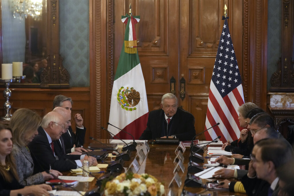 Mexico US Migration Mexican President Andrés Manuel López Obrador (center) meets with U.S. Secretary of State Antony Blinken (top left, partially covered) and his Secretary of Foreign Relations Alicia Barcena (top right) at the National Palace, the office and residence of the president, in Mexico City, Wednesday, Dec. 27, 2023.