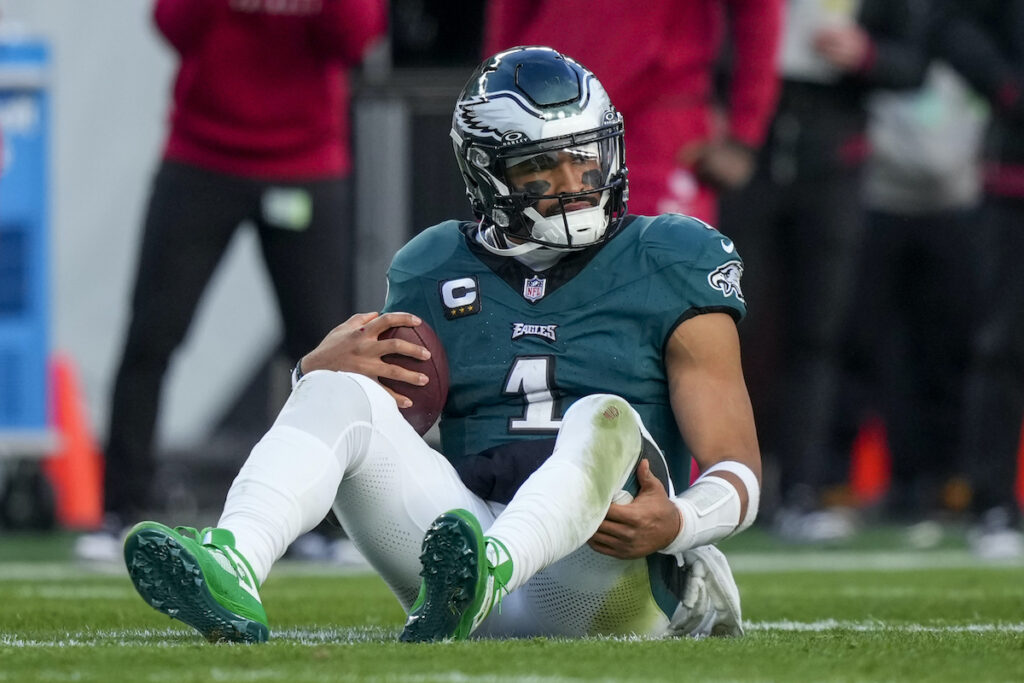 Jalen Hurts Philadelphia Eagles quarterback Jalen Hurts reacts after being sacked by the Arizona Cardinals during the second half of an NFL football game, Sunday, Dec. 31, 2023, in Philadelphia. (AP Photo/Matt Slocum)