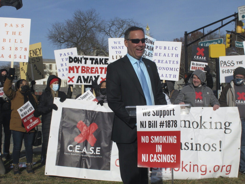Vince Polistina FILE - New Jersey state Senator Vince Polistina with Atlantic City casino workers protesting near the state capitol in Trenton N.J. in support of legislation that would ban smoking in Atlantic City's casinos, Dec. 9, 2021. State Sen. Vince Polistina said on Dec. 14, 2023, that legislation lacks enough support to become law, and said he will write a new bill incorporating proposals form the casino industry, including enclosed smoking rooms. (AP Photo/Wayne Parry, File)