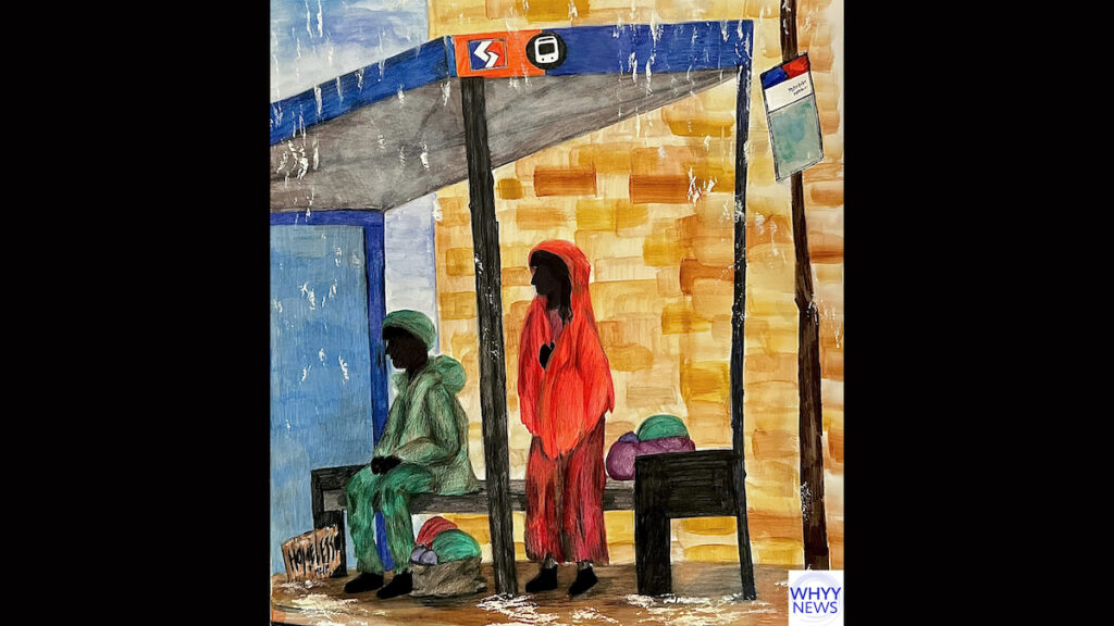 Youth homeless illustration by Gabby Rodriguez rectanglejpg An illustration depicts two people at a bus stop