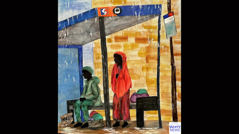 An illustration depicts two people at a bus stop
