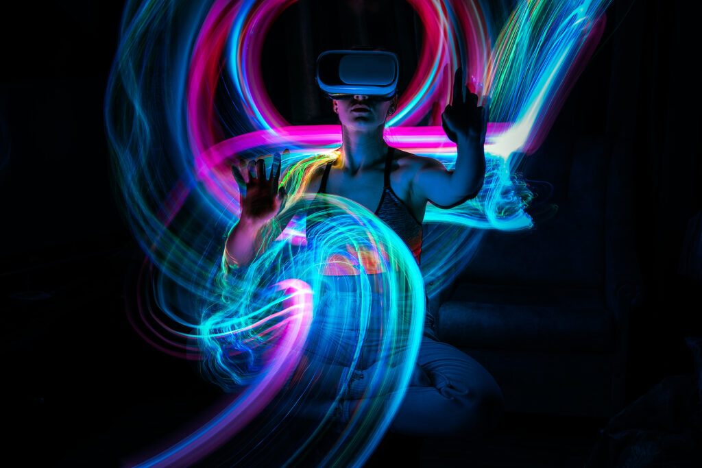 Metaverse digital Avatar, Metaverse Presence, digital technology, cyber world, virtual reality, futuristic lifestyle. Woman in VR glasses playing AR augmented reality NFT game with neon blur lines