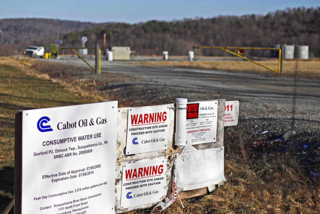 This Feb. 13, 2012, file photo shows a Cabot Oil Gas Corp. wellhead in Dimock, Pa.