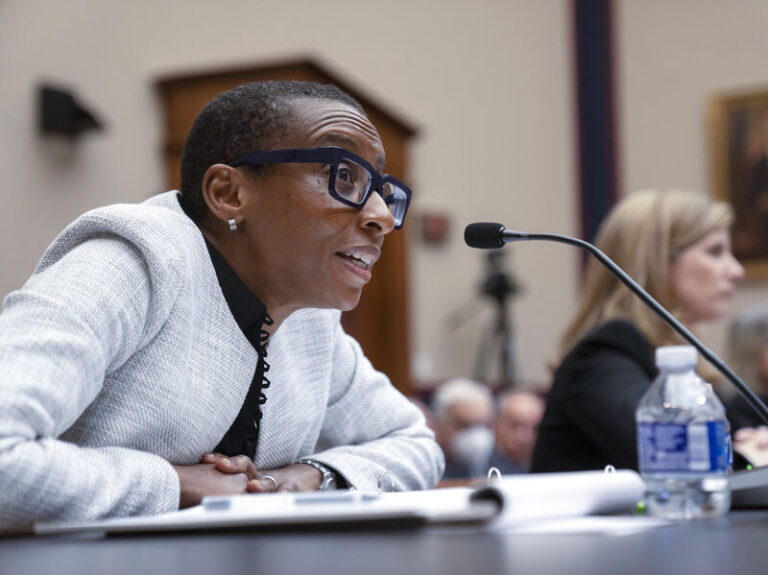 Harvard President Claudine Gay, left, speaks as University of Pennsylvania President Liz Magill listens during a hearing of the House Committee on Education on Capitol Hill