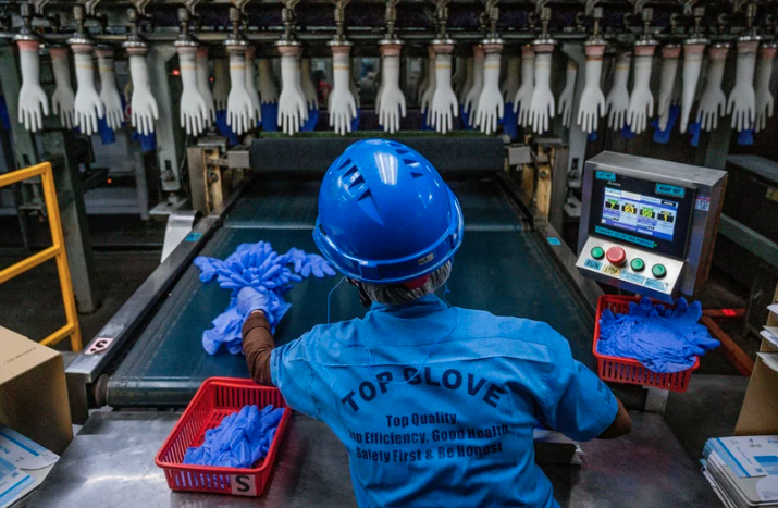 A worker inspects disposable gloves