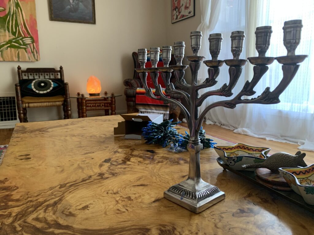 A menorah displayed on a table.