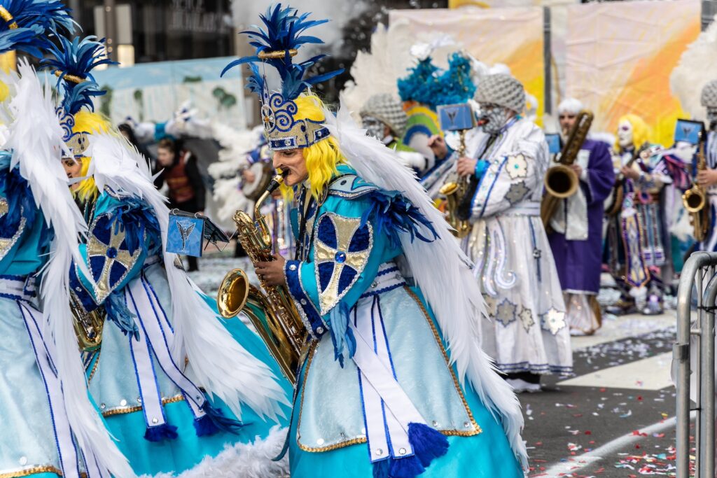 01 01 2024 k paynter mummers ’24-5 A member of the Ferko String Band plays the saxophone at the 2024 Mummers parade in Philadelphia.