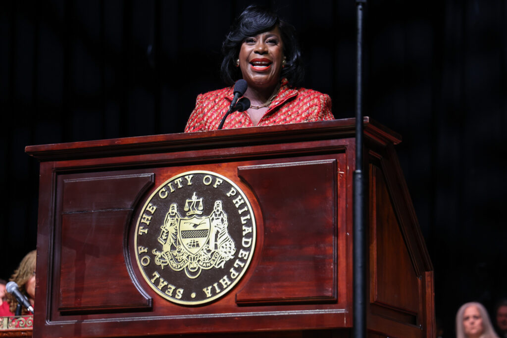Cherelle Parker speaking at a podium