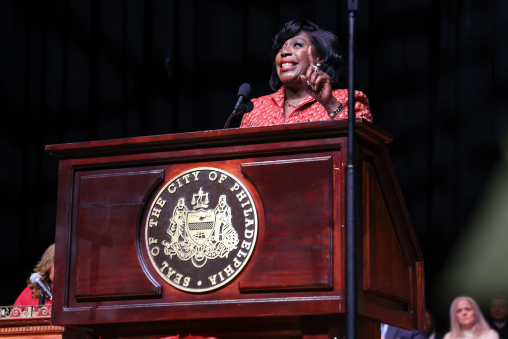 01 02 2024 kpaynter mayoral inauguration scene-2 (1) Cherelle Parker speaking at a podium