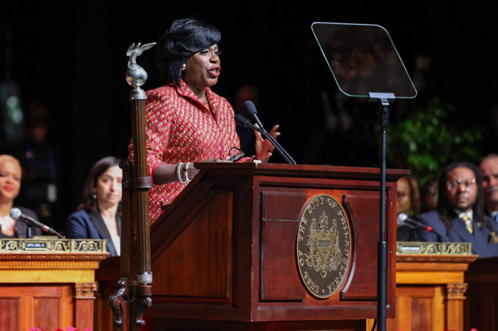 01 02 2024 kpaynter mayoral inauguration scene-2 (2) Philadelphia Mayor Cherelle Parker addresses the public for the first time after being sworn into office on Jan. 2, 2024.