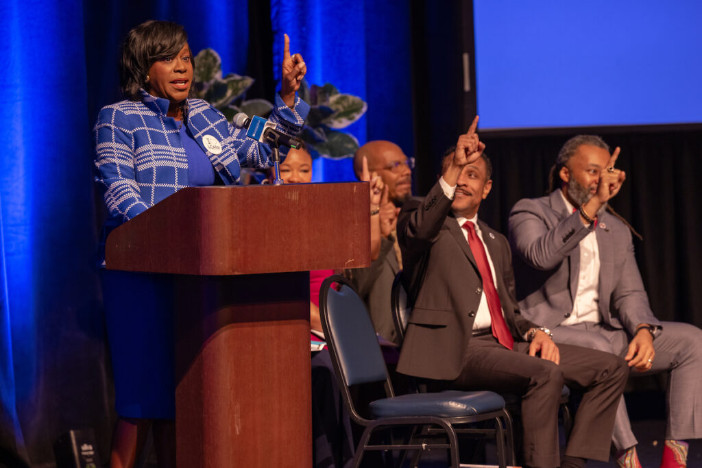 Philadelphia Mayor Cherelle Parker speaks at a podium