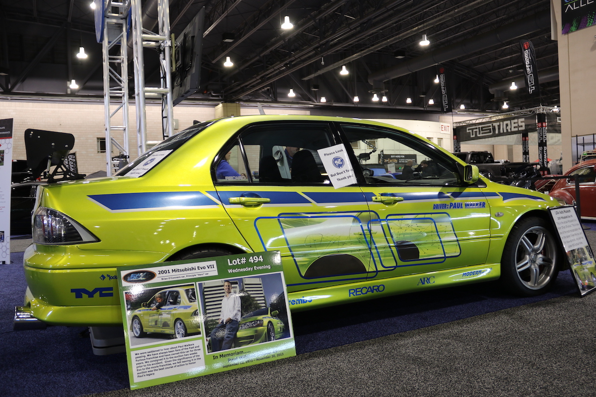 Vehicles from the Fast and Furious series are on display at the Auto Show, including this 2001 Mitsubishi Evo VII driven by actor Paul Walker.
