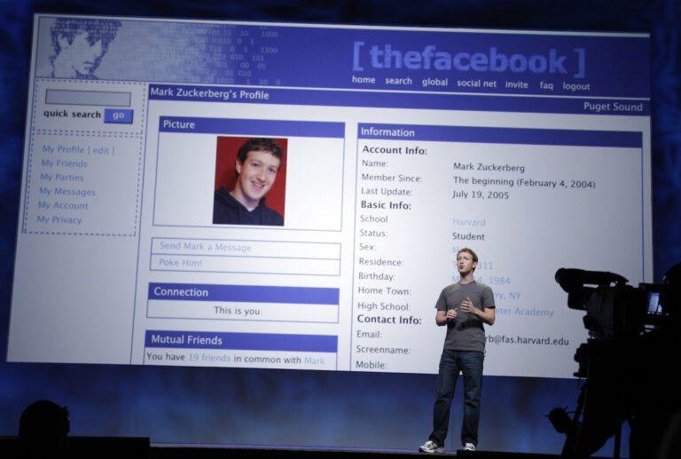 Facebook CEO Mark Zuckerberg talks about an old Facebook web site during the F8 conference in San Francisco.(AP Photo/Paul Sakuma, File)