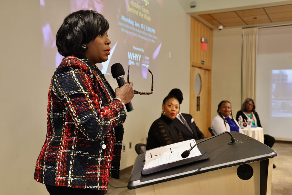 2024 01 15-e lee-cherelle parker-philadelphia liberty view-conversations of king hidden faces panel Cherelle Parker speaking at a podium during a panel discussion