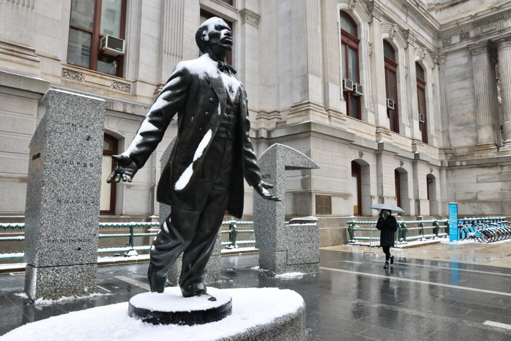 2024 01 16-e lee-philadelphia-winter storm catto The Octavius Catto statue at Philadelphia City Hall is coated in snow and ice