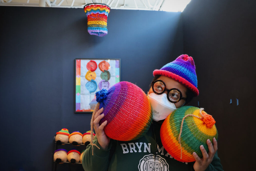 2024 01 22-e lee-wit lopez-philadelphia moore college of art-refocus 2024 art festival Wit López incorporates knitted basketballs, a crocheted hoop and self portraits into their work for ''(re)FOCUS 2024,'' which celebrates the 50th anniversary Philadelphia Focuses on Women in the Visual Arts.