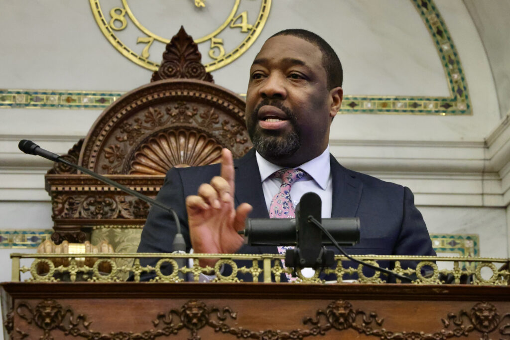 2024 01 25-e lee-kenyatta johnson-philadelphia city hall-city council session point Philadelphia City Council President Kenyatta Johnson gestures as he speaks at the podium at City Council chambers at City Hall