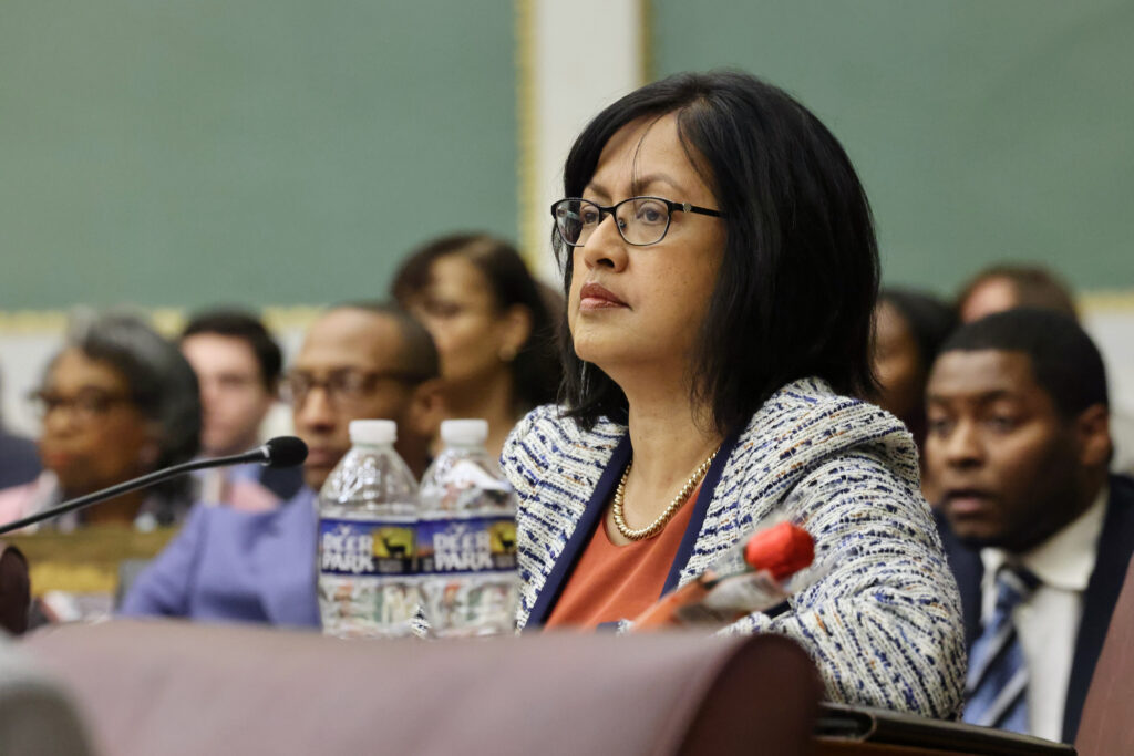 Philadelphia City Councilmember Nina Ahmad. (Emma Lee/WHYY) Philadelphia City Councilmember Nina Ahmad seated at her desk at City Council chambers at City Hall