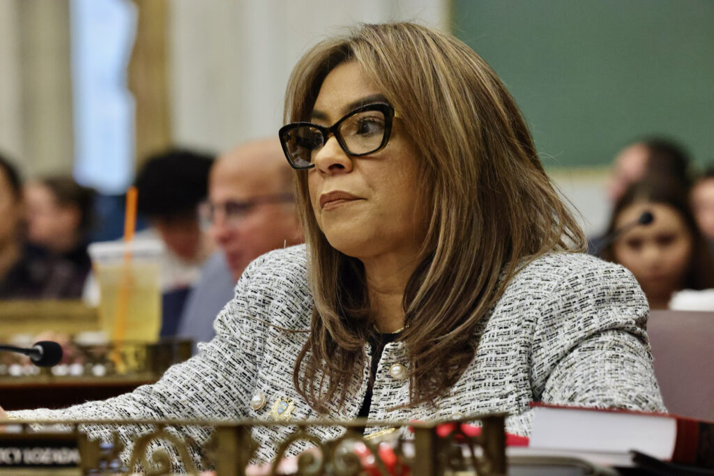 Philadelphia City Councilmember Quetcy Lozado.(Emma Lee/WHYY) Philadelphia City Councilmember Quetcy Lozada at her desk at City Council chambers at City Hall