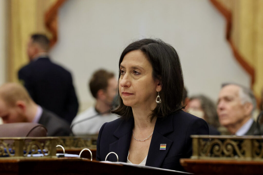 Philadelphia City Councilmember Rue Landau. (Emma Lee/WHYY) Philadelphia City Councilmember Rue Landau seated at her desk at City Council chambers at City Hall.