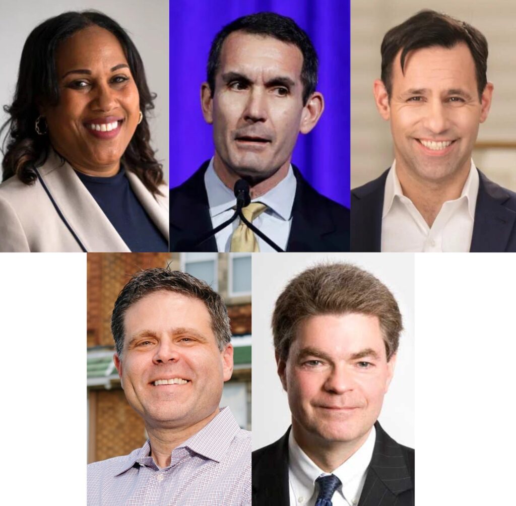 AG-Dem-candidates-0124 Democratic candidates for Pennsylvania Attorney General, January 2024. From left, top row, Keir Bradford-Grey, Eugene DePasquale, Joe Kahn. Bottom row, Jared Solomon, Jack Stollsteimer.