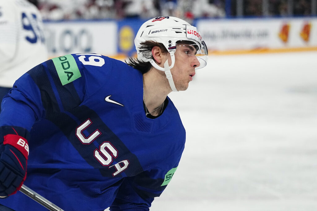 United States Cutter Gauthier reacts during the group A match between United States and France at the ice hockey world championship in Tampere, Finland, Sunday, May 21, 2023.