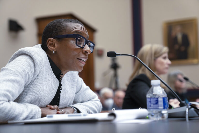 File photo: Harvard President Claudine Gay (left) speaks as University of Pennsylvania President Liz Magill listens during a hearing of the House Committee on Education on Capitol Hill, Tuesday, Dec. 5, 2023 in Washington. (AP Photo/Mark Schiefelbein)