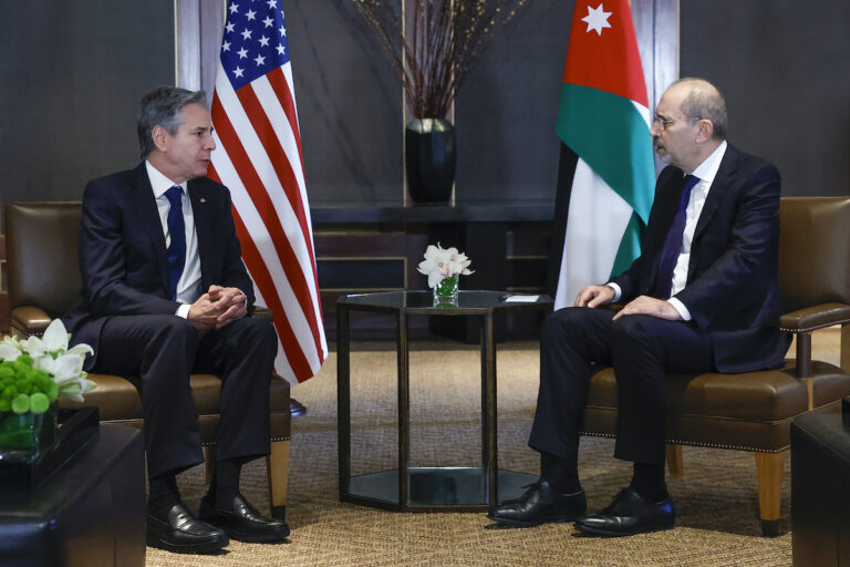 U.S. Secretary of State Antony Blinken (left) meets with Jordanian Foreign Minister Ayman Safadi in Amman, Jordan Sunday, Jan. 7, 2024.