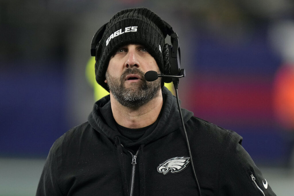 Philadelphia Eagles head coach Nick Sirianni watches play from the sidelines during the second quarter of an NFL football game against the New York Giants, Sunday, Jan. 7, 2024, in East Rutherford, N.J. (AP Photo/Seth Wenig)