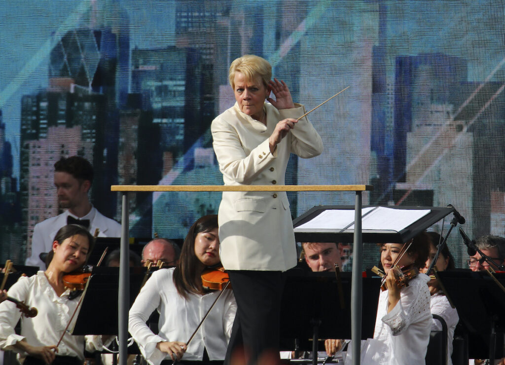 Marin Alsop conducts the New York Philharmonic orchestra at We Love NYC: The Homecoming Concert at The Great Lawn in Central Park in New York on Aug. 21, 2021.
