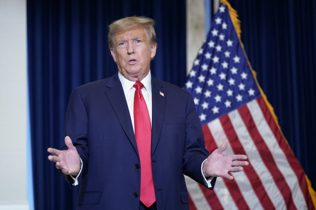 Donald Trump Former President Donald Trump speaks to the media at a Washington hotel, Tuesday, Jan. 9, 2024, after attending a hearing before the D.C. Circuit Court of Appeals at the federal courthouse in Washington.