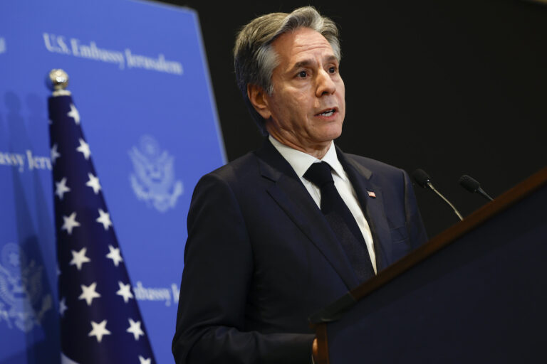 U.S. Secretary of State Antony Blinken answers questions during a press conference in Tel Aviv, Israel, Tuesday, Jan. 9, 2024. (Evelyn Hockstein/Pool Photo via AP)