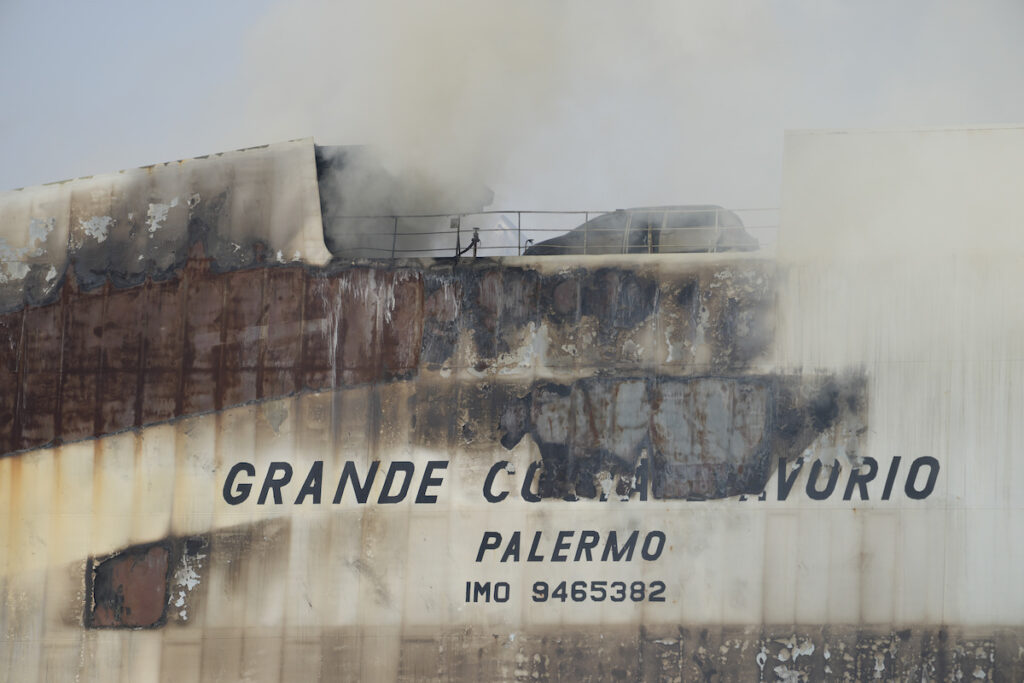 Fatal Cargo Ship Fire File photo: Emergency personnel battle against a fire aboard the Italian-flagged Grande Costa d'Avorio cargo ship at the Port of Newark, Friday, July 7, 2023, in Newark, N.J. On Wednesday, Jan. 10, 2024, the U.S. Coast Guard and the National Transportation Safety Board began a series of investigative hearings into the cause of the fire, and plan to issue recommendations to avoid similar incidents in the future.