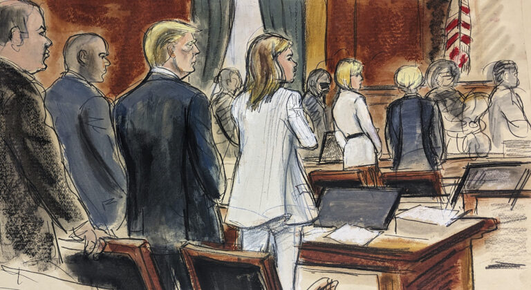 In this courtroom sketch, prospective jurors file into the courtroom as Donald Trump (third left) stands surrounded by his defense team. Alina Habba (fourth left) Trump's lead defense attorney, stands beside him. E. Jean Carroll (background second from right) stands with her attorney Roberta Kaplan, Tuesday, Jan. 16, 2024, in New York.