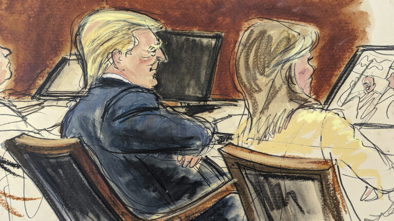 In this courtroom sketch, Donald Trump sits with arms folded beside his attorney, Alina Habba in Federal Court, in New York, Wednesday, Jan. 17, 2024. Trump was threatened with expulsion from his Manhattan civil trial Wednesday after he repeatedly ignored a warning to keep quiet while writer E. Jean Carroll testified that he shattered her reputation after she accused him of sexual abuse