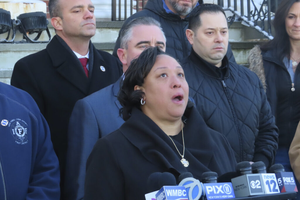Fatal Cargo Ship Fire Michele Brooks, whose husband Firefighter Wayne Brooks Jr. died while fighting a cargo ship fire on July 5, 2023, in Newark, N.J. speaks at a news conference, Wednesday, Jan. 17, 2024, in Union N.J. Relatives and a firefighters union called for new leadership for the Newark Fire Department, citing the death of Brooks and fellow firefighter Augusto Acabou during a cargo ship fire on July 5, 2023.