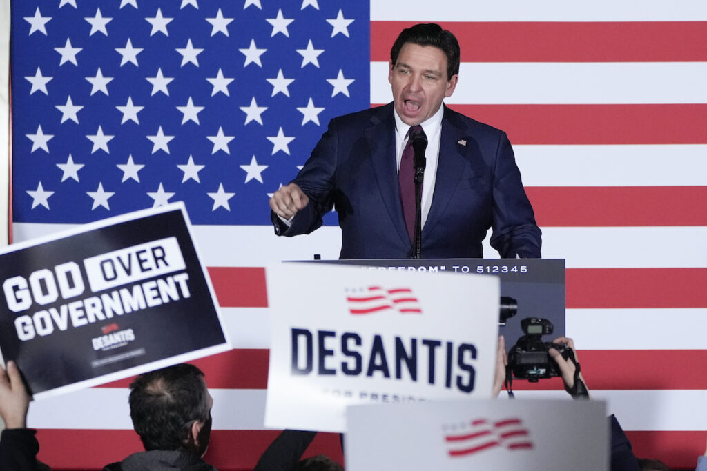 Ron DeSantis Republican presidential candidate Florida Gov. Ron DeSantis speaks to supporters during a caucus night party, Jan. 15, 2024, in West Des Moines, Iowa.