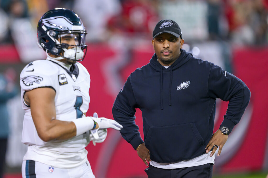 Brian JohnsonJalen Hurts File photo: Philadelphia Eagles offensive coordinator Brian Johnson watches quarterback Jalen Hurts (1) practice on the field before an NFL wild-card playoff football game against the Tampa Bay Buccaneers, Monday, Jan. 15, 2024 in Tampa, Fla.