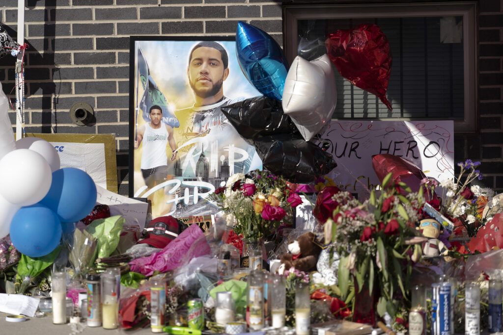 Temple University Officer Killed FIle photo: Items fill a makeshift memorial for Temple University Police Officer Christopher Fitzgerald, Feb. 23, 2023, in Philadelphia. On Tuesday, Jan. 23, 2024, Miles Pfeffer of suburban Philadelphia waived his right to a preliminary hearing and is headed to trial on charges including murder and murder of a law enforcement officer in the Feb. 19, 2023, slaying of 31-year-old Fitzgerald. (AP Photo/Matt Rourke, File)