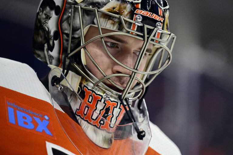 Philadelphia Flyers' goaltender Carter Hart in action during an NHL hockey game against the Colorado Avalanche, Saturday, Jan. 20, 2024, in Philadelphia.