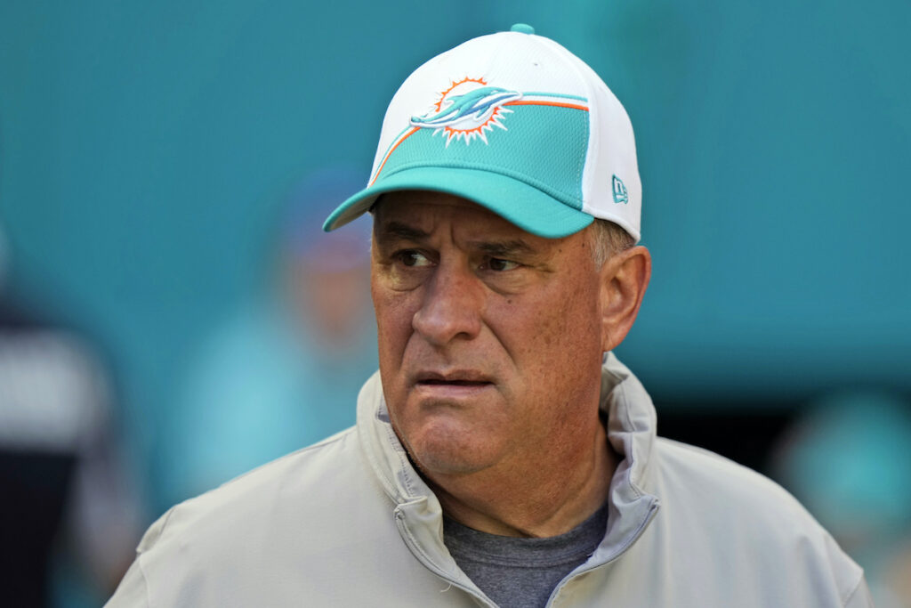 Vic Fangio File photo: Miami Dolphins defensive coordinator Vic Fangio heads onto the field before the start of an NFL football game against the Carolina Panthers, Sunday, Oct. 15, 2023, in Miami Gardens, Fla.